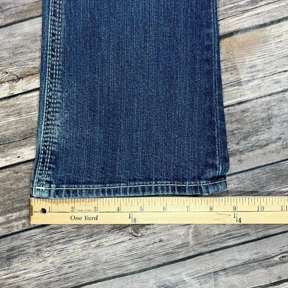 Rock Revival Ele Bootcut Stretch Jeans 27x34 Mens Blue Denim Thick Stitch Flap - Picture 12 of 13